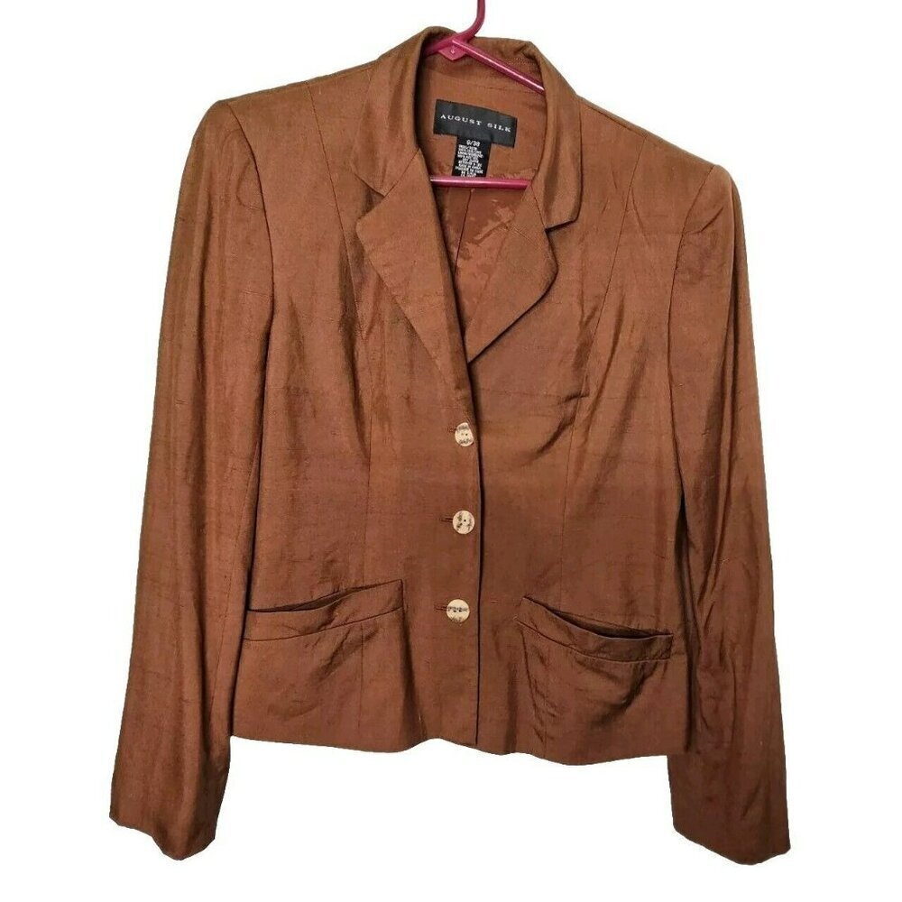 August Silk Co Brown Silk Jacket Blazer Camel Brown Long Sleeve Button Closure 8